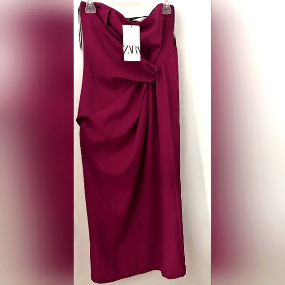 New Zara strapless draped twist detail midi dress size medium - Picture 2 of 5
